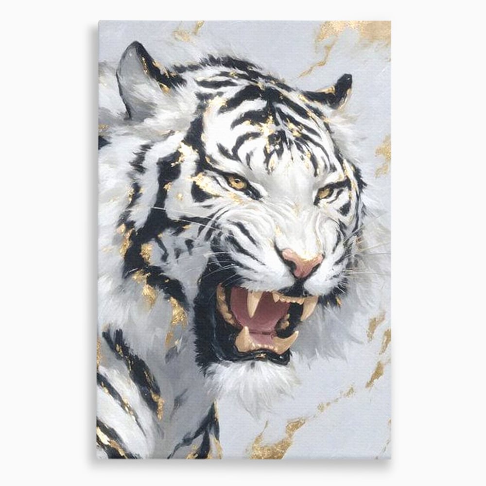 Tablou canvas cu tablou canvas cu tigru alb si auriu, fara rama, pe sasiu de lemn